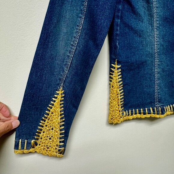 SANDRO SPORTWEAR Crochet Insert Whipstitch Detail Boho Denim Jacket - Picture 8 of 11
